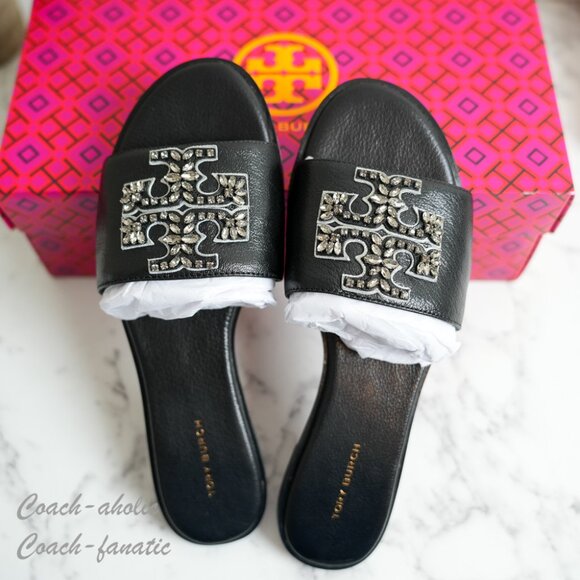 NIB Tory Burch Everly Embellished Crystal Logo Flat Slide Sandal Black Leather - Picture 3 of 9